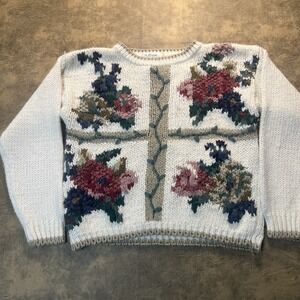 Vintage Sweater Woman's S White ALLISON BRITTNEY Floral Cottage Core Crew *FLAW*